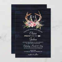 Navy Blooming Antlers Country Chic Wedding Invitation