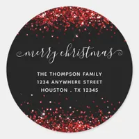 Red Glitter Merry Christmas Name Address Black Classic Round Sticker