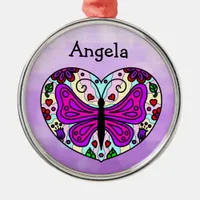 Pretty Purple Butterfly and Heart Mandala     Metal Ornament