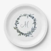 Dusty Blue Botanical Wreath Elegant Monogram Paper Plates