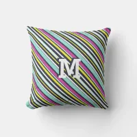 Bright Colorful Diagonal Stripes Pattern Monogram Throw Pillow