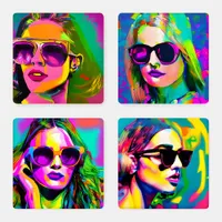 Colorful Abstract Women in Sunglasses Coaster Set