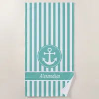 Nautical Anchor with Rope Teal and White Stripes Beach Towel