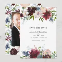 Burgundy, Navy and Blush Floral Wedding Photo Save The Date