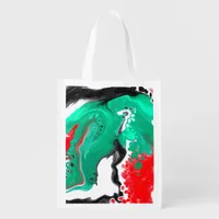 Red, Green, Black and White Marble Fluid Art    Grocery Bag