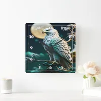 Eagle Perched Under Moonlit Sky at Night Square Wall Clock