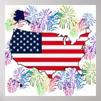 USA Flag Map and Fireworks with Texture Poster