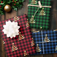 Christmas Golden Tree Buffalo Plaid Red Green Blue Wrapping Paper Sheets