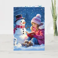 Little Girl Reading a Story to a Snowman Christmas Holiday Card