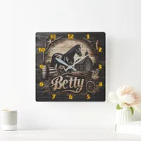 Black Horse at Farm With Name Betty Square Wall Clock