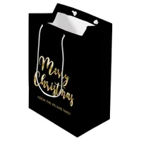 Elegant Merry Christmas script metallic gold black Medium Gift Bag