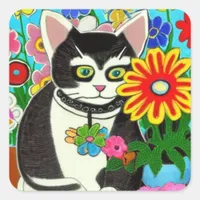 Whimsical Cat with Flower Folk Art Square Sticker