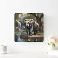 Majestic Elephant by Serene Waterfall at Dawn Square Wall Clock