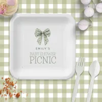 Modern Sage Gingham Bow Name Baby Shower Picnic Paper Plates