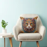 Mystic Boho Feline Mandala Throw Pillow