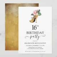 Elegant Floral Gold High Heels 16th Birthday Invitation