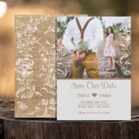 Rustic Burlap Lace Floral Photo Wedding Save The Date