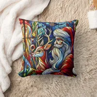 Vivid stained glass of Santa and reindeer Throw Pillow