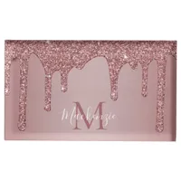 Chic Rose Gold Sparkle Glitter Drips Monogram Place Card Holder