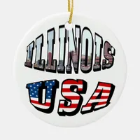 Illinois USA Flag & State Photo Text Ceramic Ornament