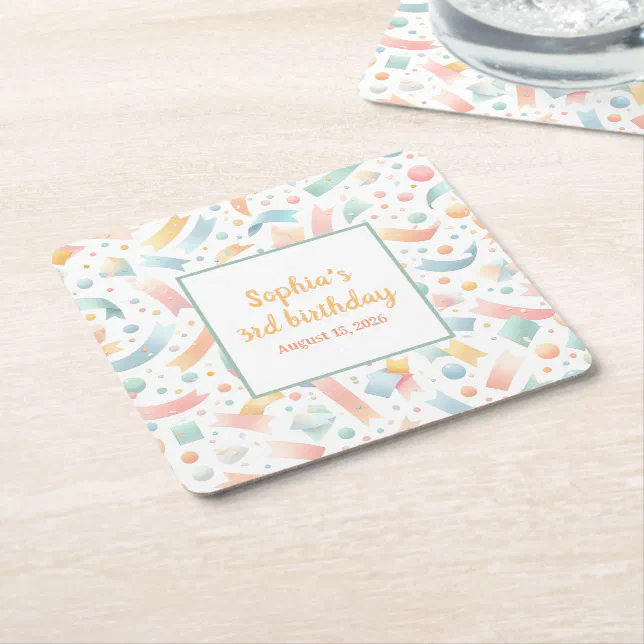 Cute Fun Kids Confetti Colorful Pastel Birthday Square Paper Coaster