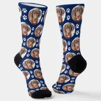 Custom Dog Photo Blue Cute Pet Paw Prints Socks