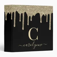 Chic Black Gold Glitter Drips Monogram 3 Ring Binder