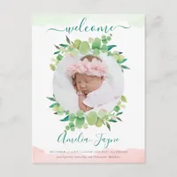 Modern Eucalyptus Wreath Photo Birth Announcement Postcard