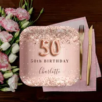 50th birthday rose gold blush glitter name paper plates