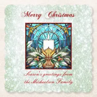 Stained Glass Christmas Candle Holly Green Glitter Paper Coaster