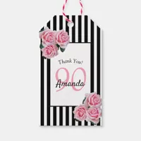 90th birthday pink florals on black white stripes gift tags