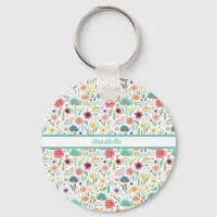 Whimsical Flower Garden on White Keychain