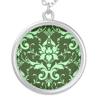 Damask Victorian Vintage Sage & Dark Green Silver Plated Necklace