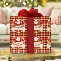 Merry Christmas Cute Santa Red Plaid Personalized Wrapping Paper