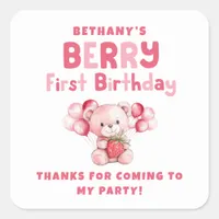 Berry First Birthday Strawberry 1st Party Thanks Square Sticker