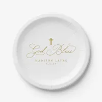 Baptism First Communion Gold God Bless Cross Paper Plates