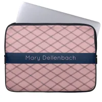 Pink Art Deco Pattern with Navy Name Stripe Laptop Sleeve