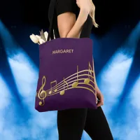 Purple gold music notes name tote bag