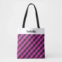 Personalized Pink Plaid Buffalo Check Patterned Tote Bag