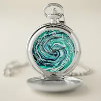 Blue, Teal, Turquoise and White Swirls Marble Art  Pocket Watch