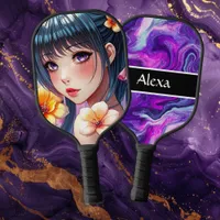 Pretty Anime Girl with Purple Eyes Personalized Pickleball Paddle