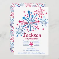 Watercolor Fireworks 4th of July First Birthday  Invitation