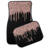 Monogram Metallic Rose Gold Dripping Glitter Black Car Floor Mat