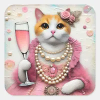 Adorable Cat Pink Dress With Pearls with Drink Square Sticker