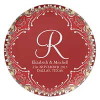 Red Bohemian Batik Monogram Wedding Gift Plate