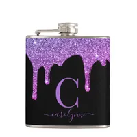 Purple Hot Pink Sparkle Glitter Drips Monogram Flask