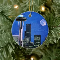 Blue Seattle Skyline Merry Christmas Ceramic Ornament