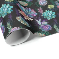 *~ * Pretty  Blue Green Succulent Pattern on Black Wrapping Paper