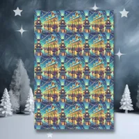 Vintage Train Station on Christmas Eve Snowy Night Tissue Paper