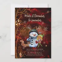 Whimsical Red Gold Snowman Elf Squirrel Christmas Invitation